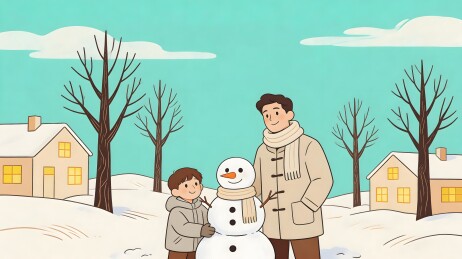 父子雪地堆雪人温馨场景