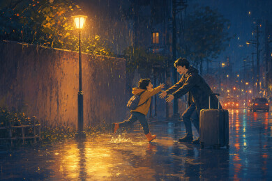雨夜街灯下父子重逢