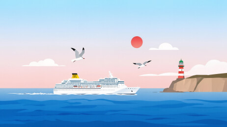 游轮海鸥灯塔夕阳海景插画
