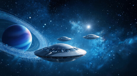 UFO环绕行星蓝色星云