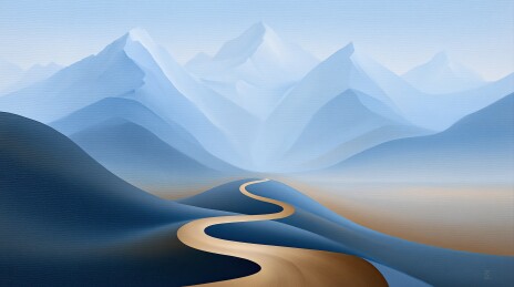 蓝色山脉蜿蜒小路风景画