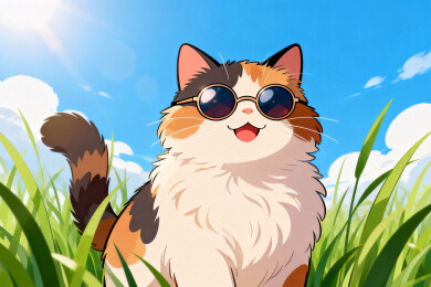 卡通插画风格草丛中戴墨镜的三花猫咪