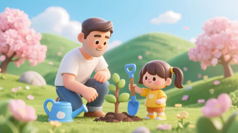 父女携手种树迎春天