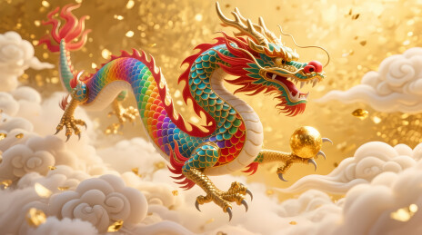 腾云驾雾的彩虹色神龙