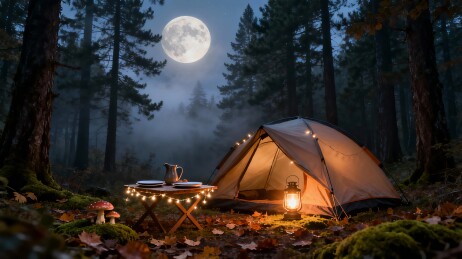 月夜森林露营帐篷图片