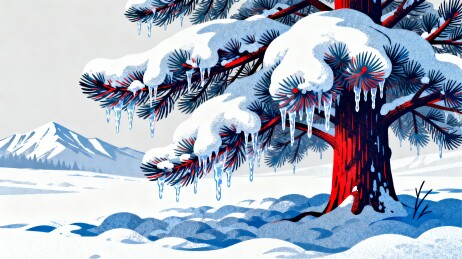 青松冰棱雪原远山冬日插画