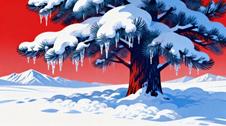 红墙古殿落雪青松国风冬日插画
