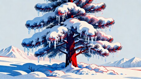 青松冰棱雪原远山冬日插画