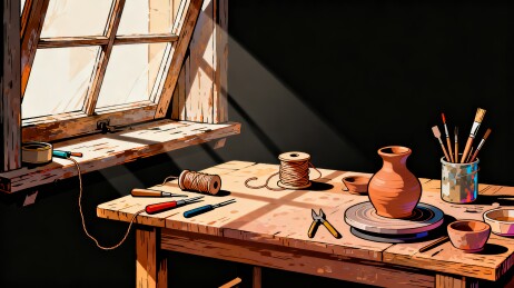 工作台插画窗边静物背景