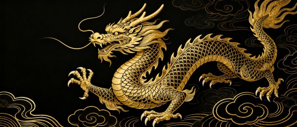 黑金描金传统神龙国风横版插画