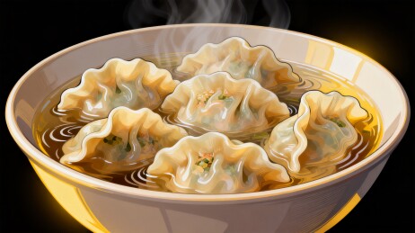 清汤水饺白瓷碗国风美食插画