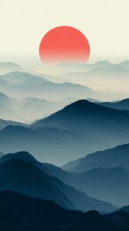 极简主义风格雾中山脉与红日艺术背景