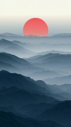 极简主义朦胧山脉与红日插画
