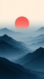 极简主义风格雾中山脉日出插画