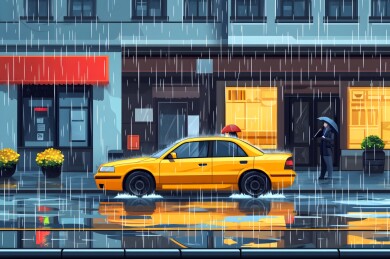 暴雨中的街道积水与行人车辆