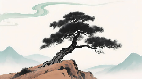 墨松立岩远山云烟