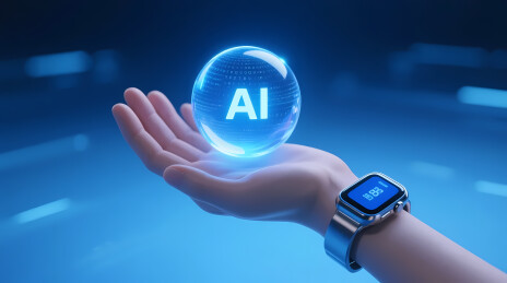 智能手表托举蓝色全息 AI 光球