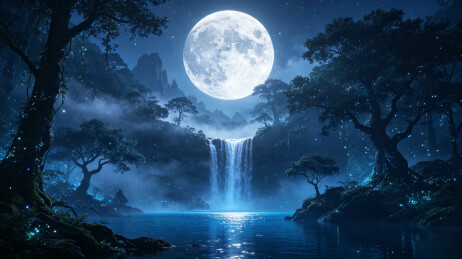 月夜森林瀑布圆月夜景