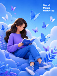 女性蝶云蓝白简约插画风图