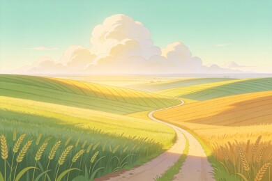 麦田乡间小路治愈田园插画