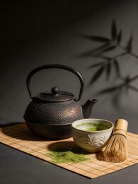 古朴茶壶与抹茶碗静物摆拍