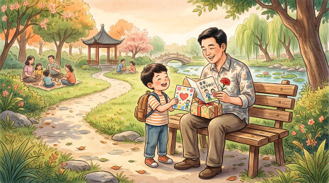 父子公园长椅赠礼温馨互动