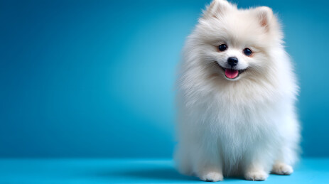 白色博美犬坐姿吐舌特写