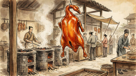 古街烤鸭摊前厨师现场烤制挂炉鸭