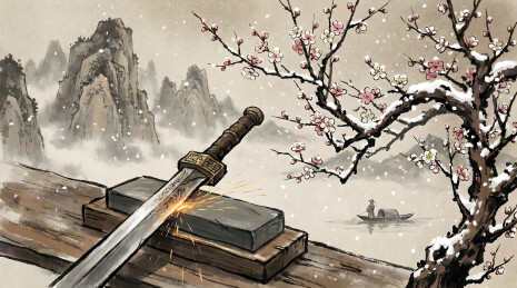 雪中梅花旁磨剑火花飞溅