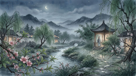 月下雨夜山水亭台古风意境图