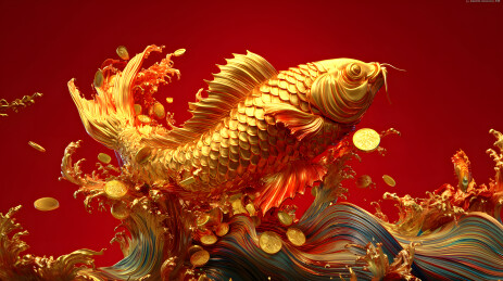 金色锦鲤跃浪携金币迎新春