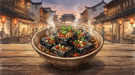 热气腾腾的臭豆腐摆于古街木桌
