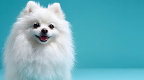 白色博美犬正面特写吐舌微笑