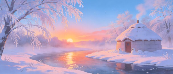 雪景日落小屋与河流