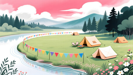 户外露营花野帐篷与彩色风旗插画背景
