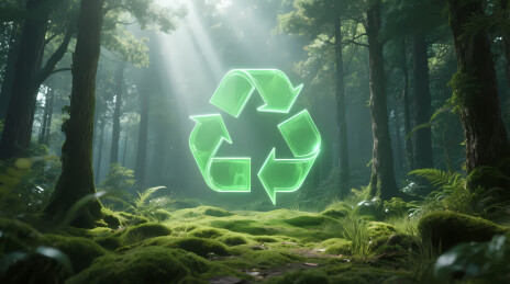 森林中悬浮的荧光绿回收标志