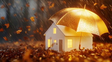 秋夜雨中伞下小屋