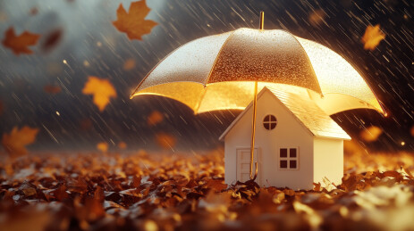 雨伞守护小屋的秋日温馨场景