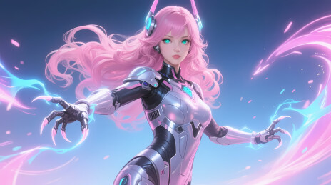 粉发机甲少女能量爆发瞬间
