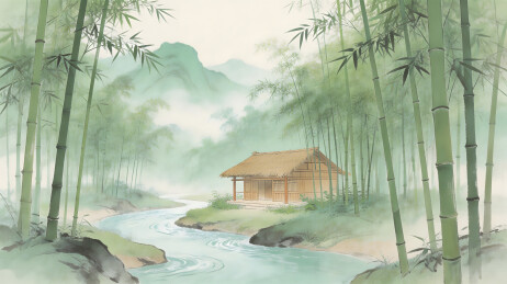 竹林溪流茅屋静谧山水画