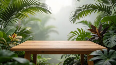 热带雨林中的木质桌面