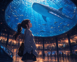 少女仰望水族馆鲸鲨