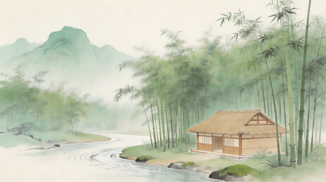 竹林溪流旁的茅屋风景画