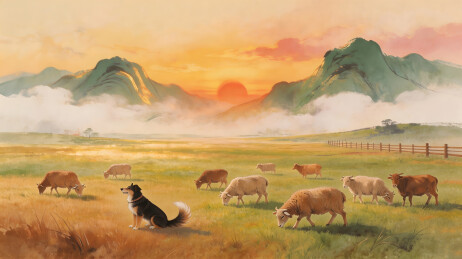夕阳牧场景象动物与田园风光