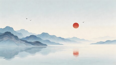 山水日落飞鸟静谧画卷