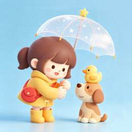 打透明雨伞的女孩与萌宠的温馨时刻