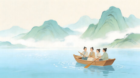 古风山水画中四人乘舟