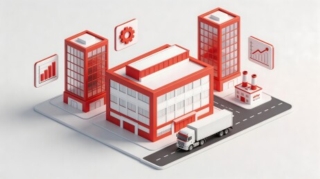 红色建筑群与货车的商业模型图