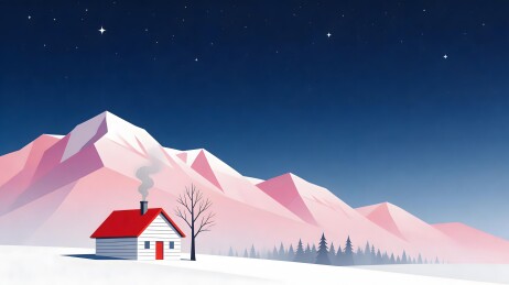 雪夜山间红顶小屋静谧景象