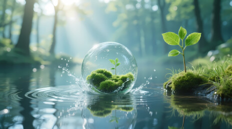 玻璃球中的苔藓与森林晨光